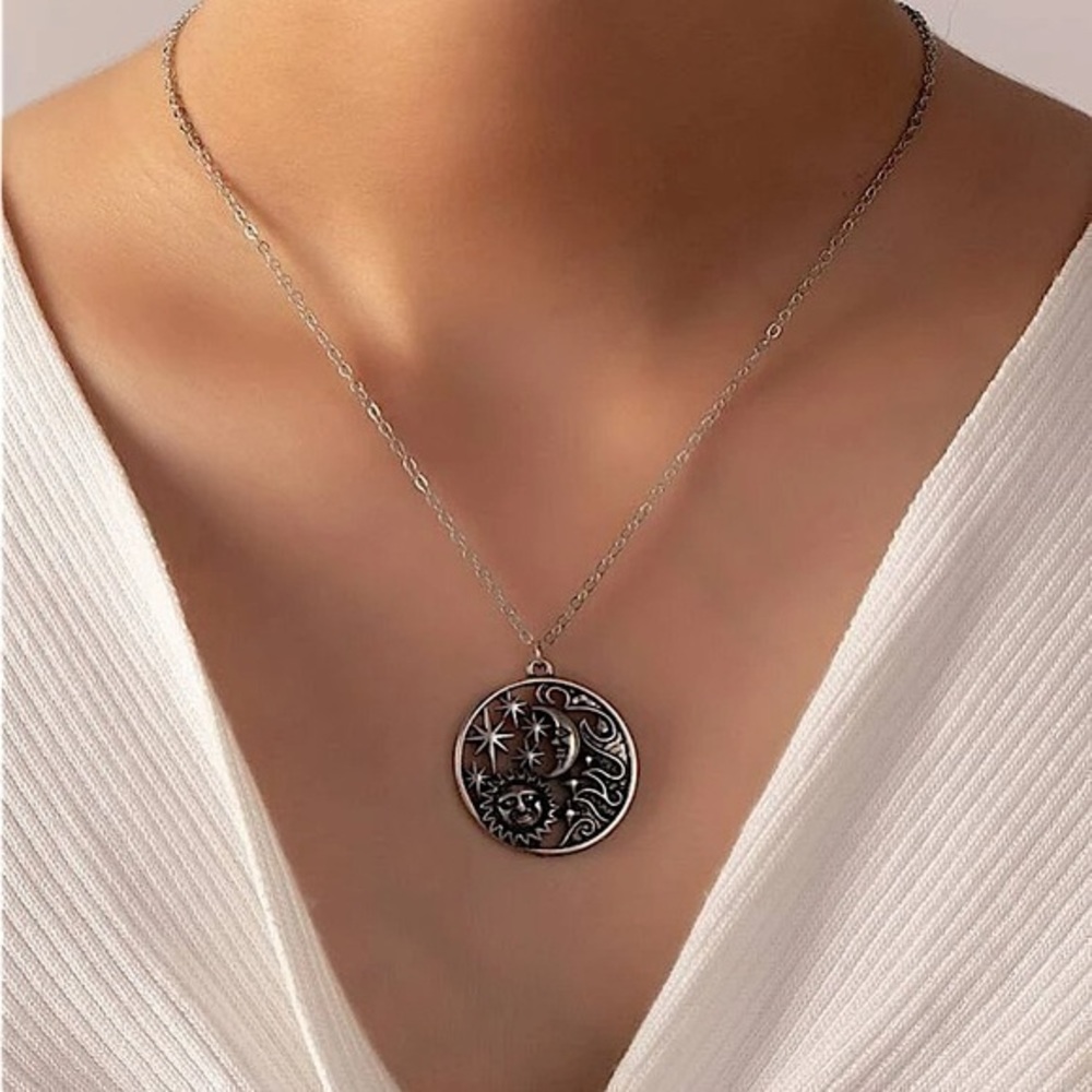 Elegant Silver Sun and Moon Pendant Necklace